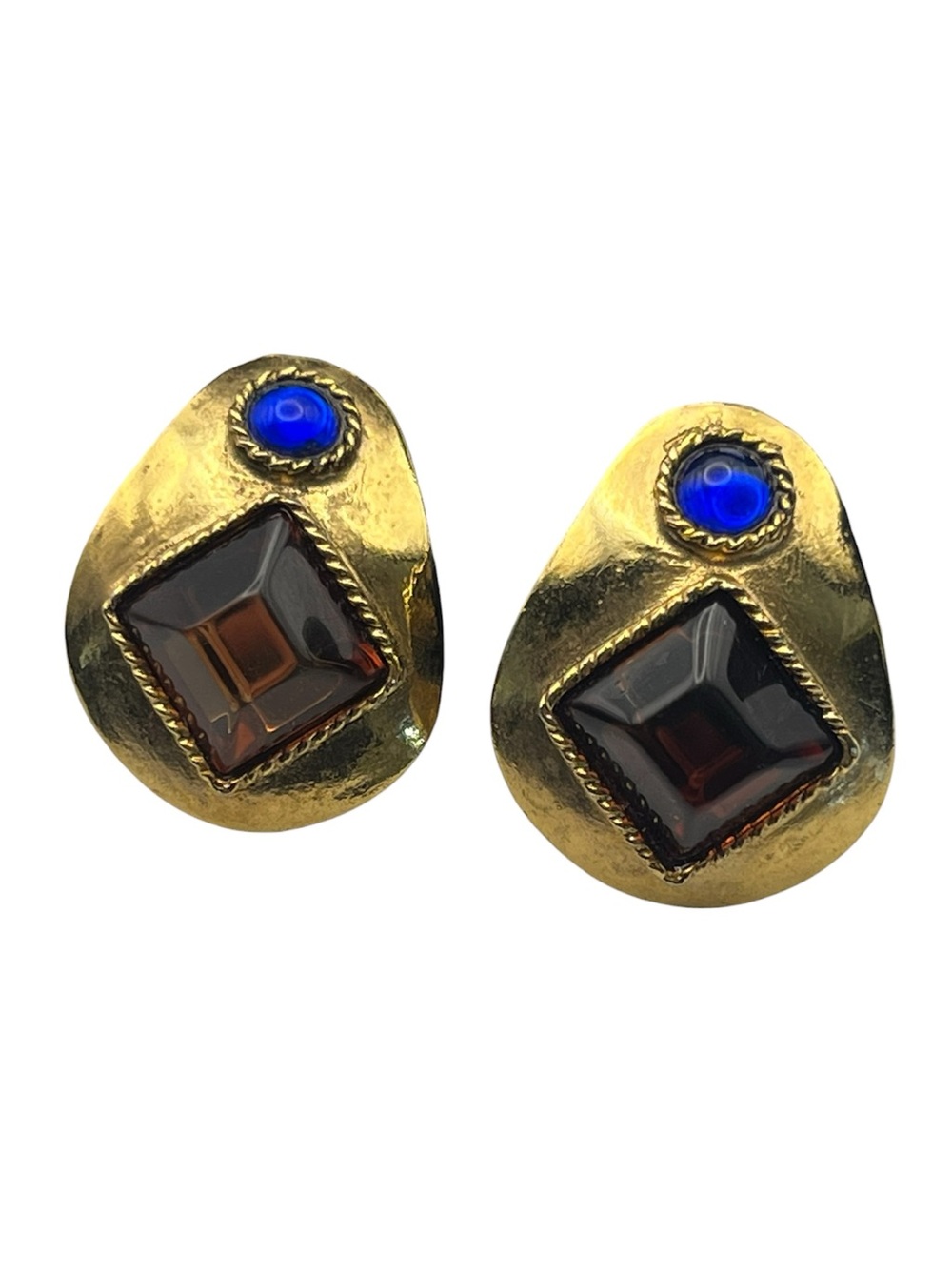 1980’s oversized gold tone stud earrings brown & blue cabochon bezel set vintage